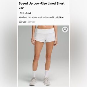 Lululemon Speed Up Low Rise Lined Short 2.5” in WHITE size 4